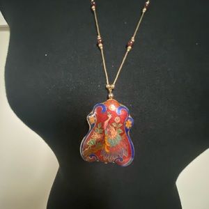 vintage Asian STUNNING colorful peacock pendent on gold tone chain boho style